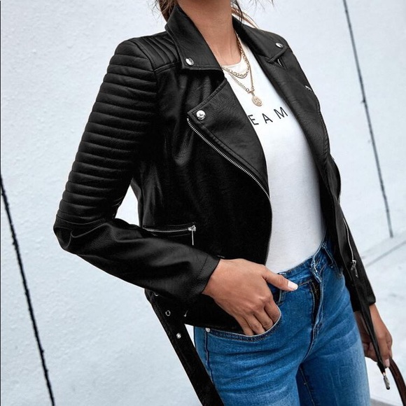🖤 MOTO BLACK FAUX LEATHER BELTED BIKER JACKET! - Picture 3 of 6
